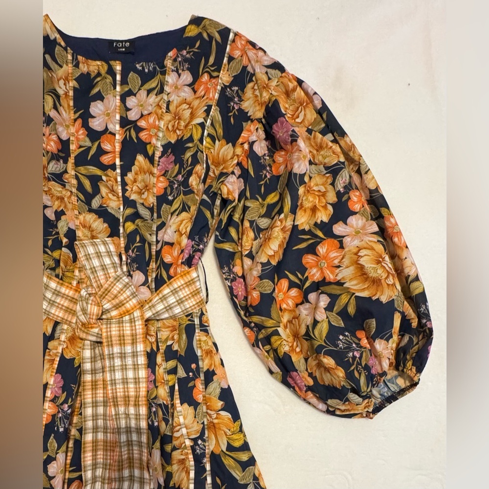 NEW Fate Floral Daydream Mini Dress Balloon Sleeves Contrasting Plaid Belt - Picture 6 of 12